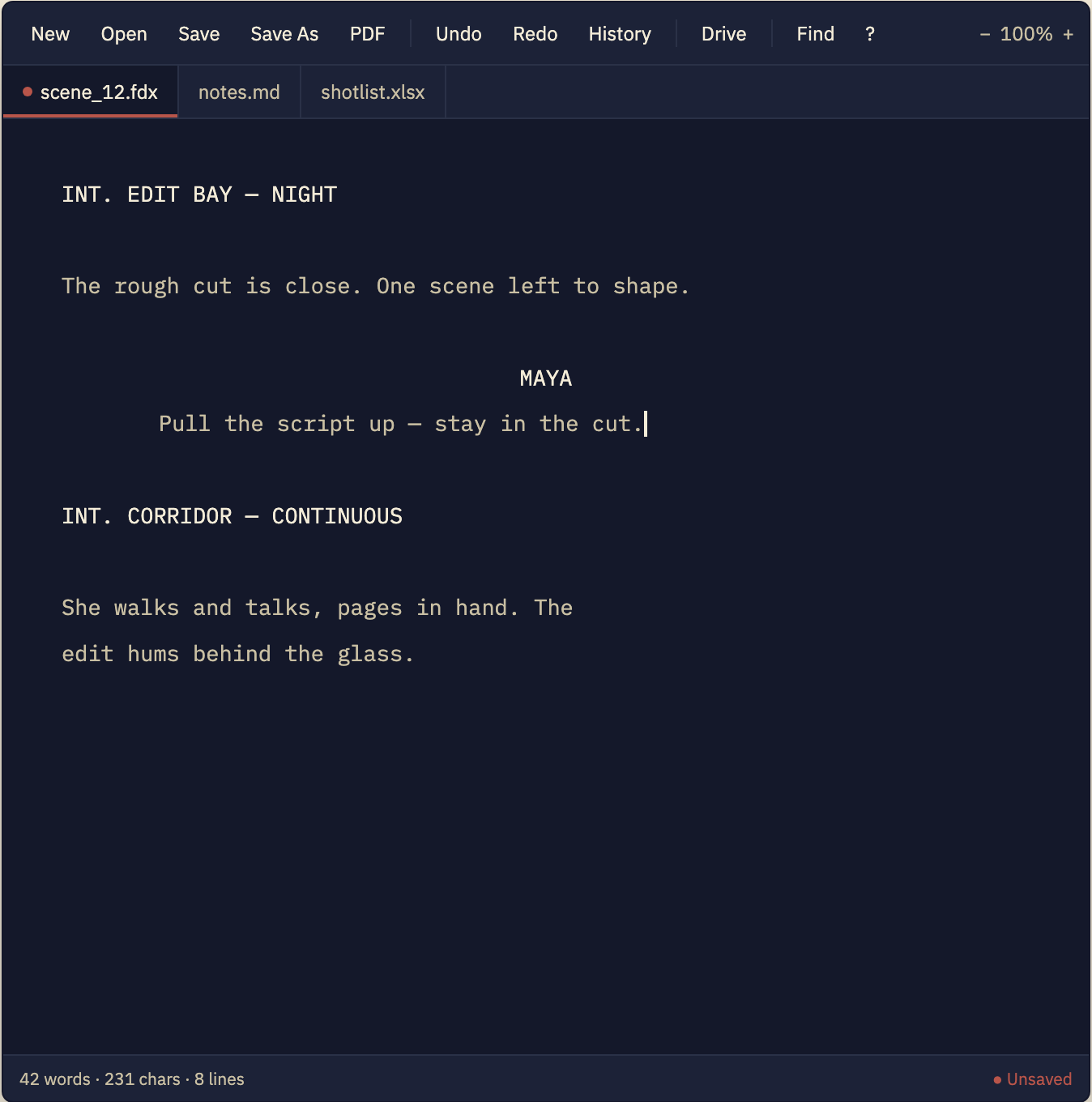Dossier editor showing a Final Draft script open in a tabbed panel — scene 12, INT. EDIT BAY — NIGHT