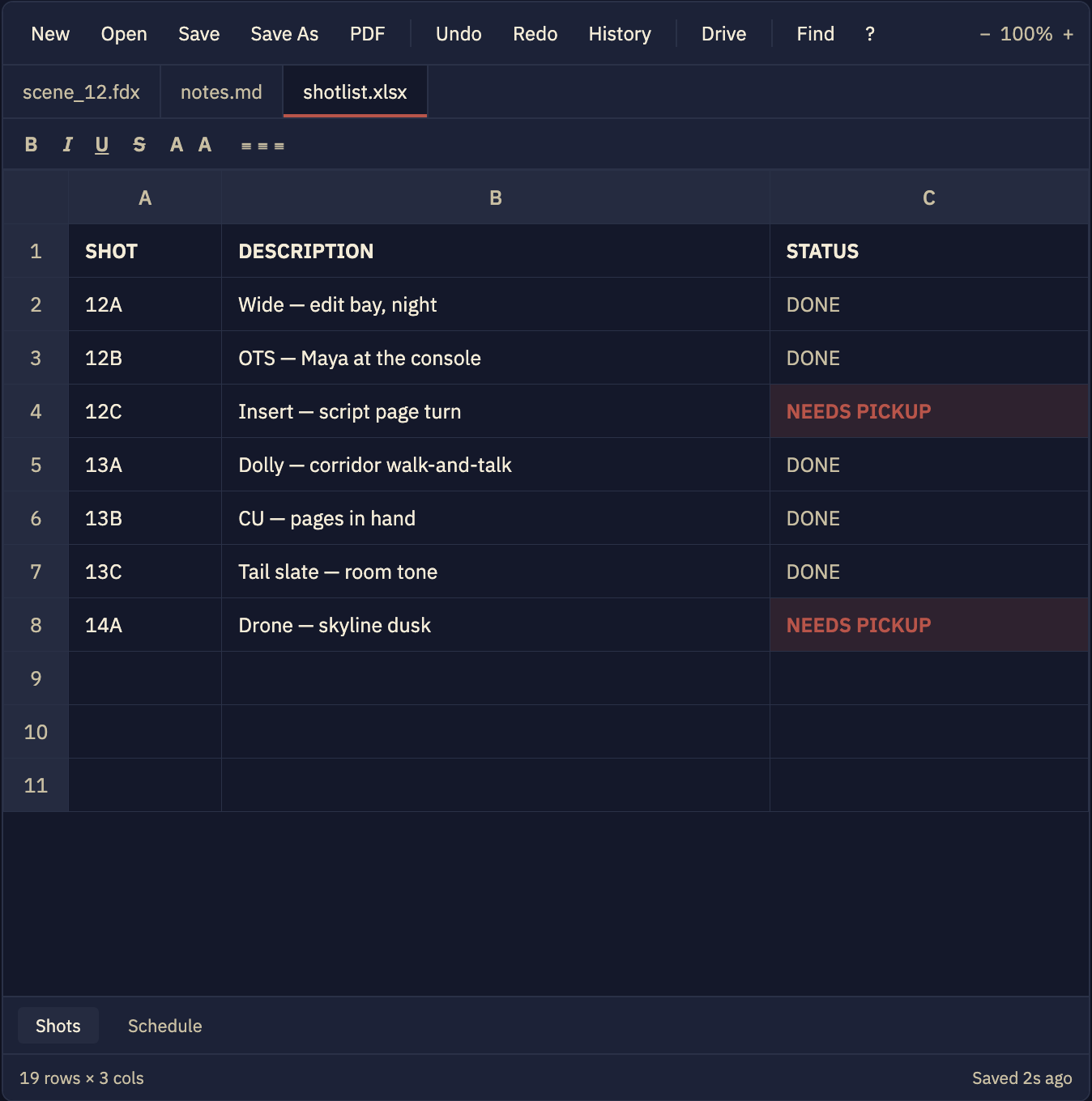 Dossier spreadsheet view of a shot list — rows of shots with DONE and NEEDS PICKUP statuses, formatting intact
