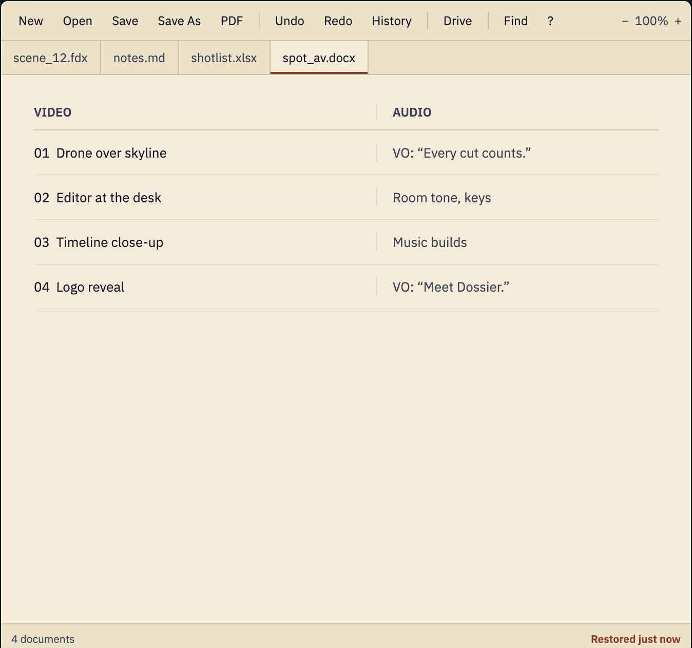 Dossier restoring four document tabs bound to a Premiere project — close the project, everything comes back