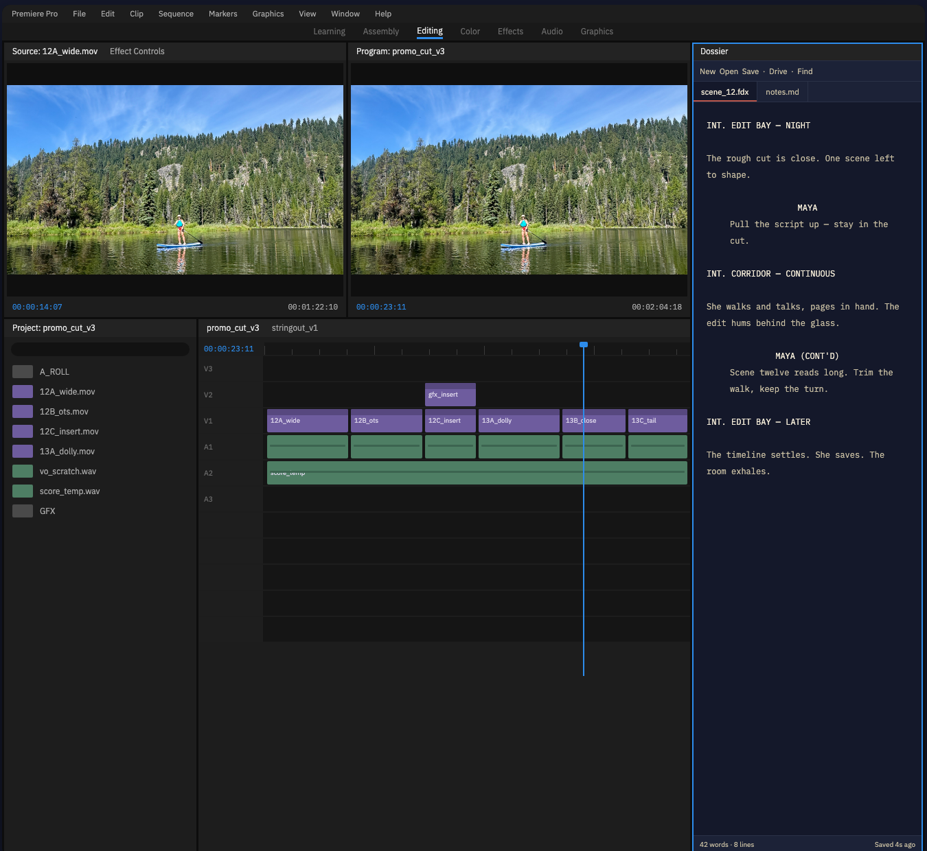 Dossier docked as a native panel beside the Premiere Pro timeline, script visible next to the edit